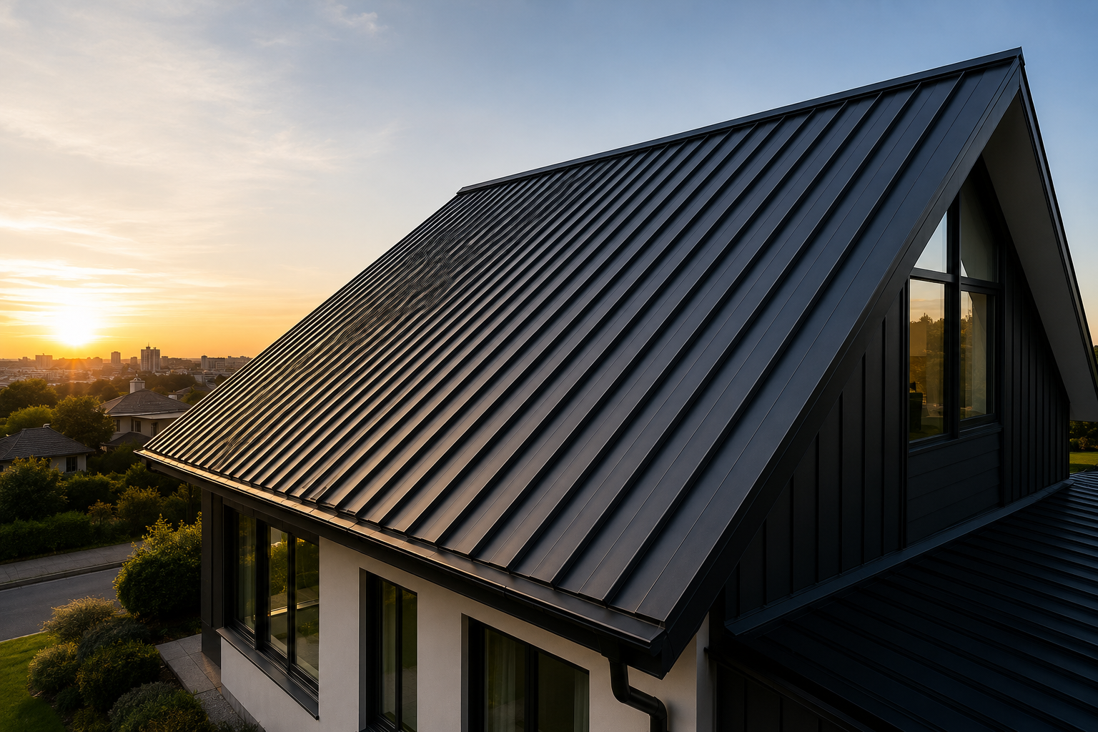 Dark standing-seam metal roof on a modern home