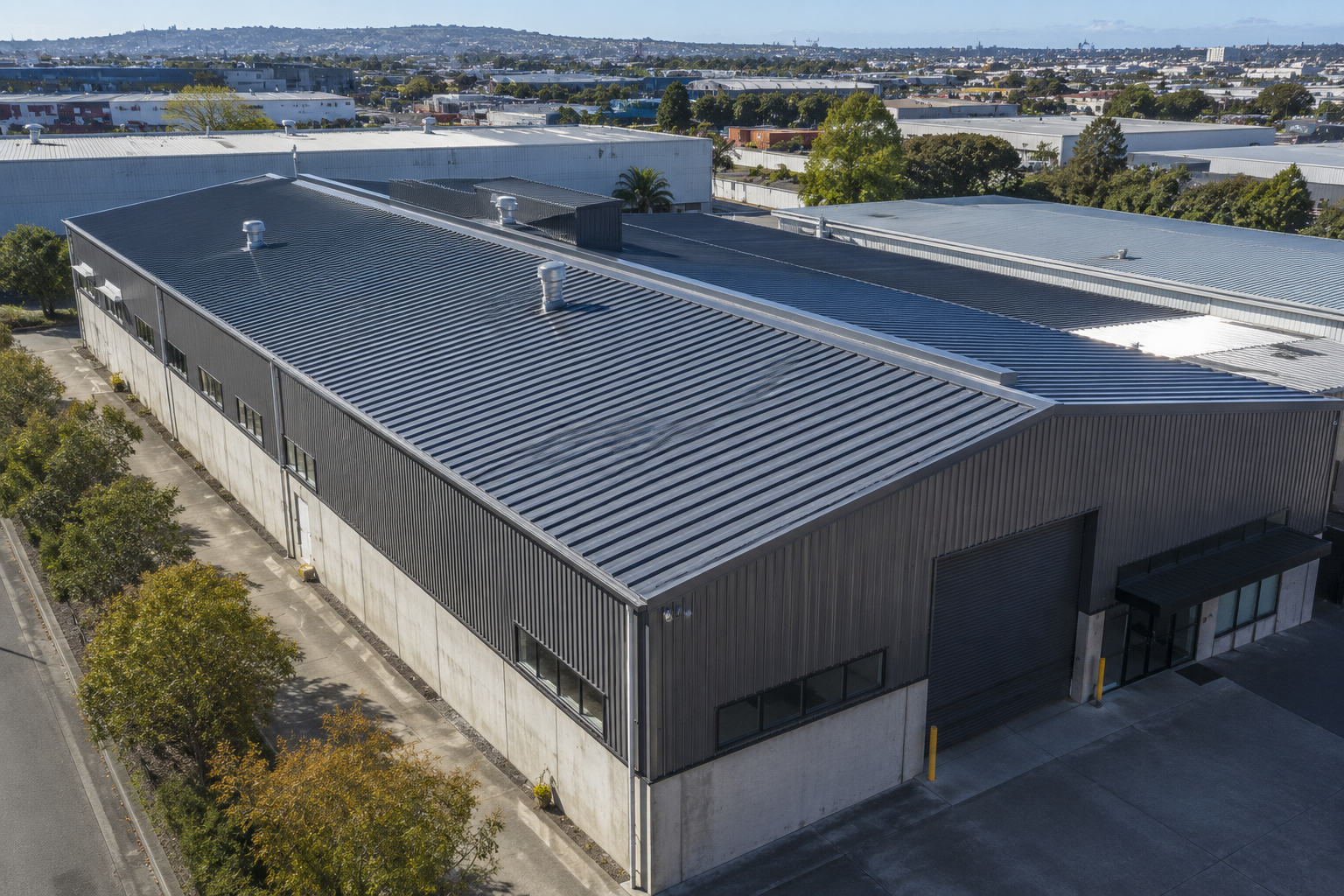 Large commercial building with a metal roof